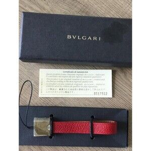 Bvlgari Red Leather Bag Charm Mobile Phone Strap Silver Tone Square Pendant NIB